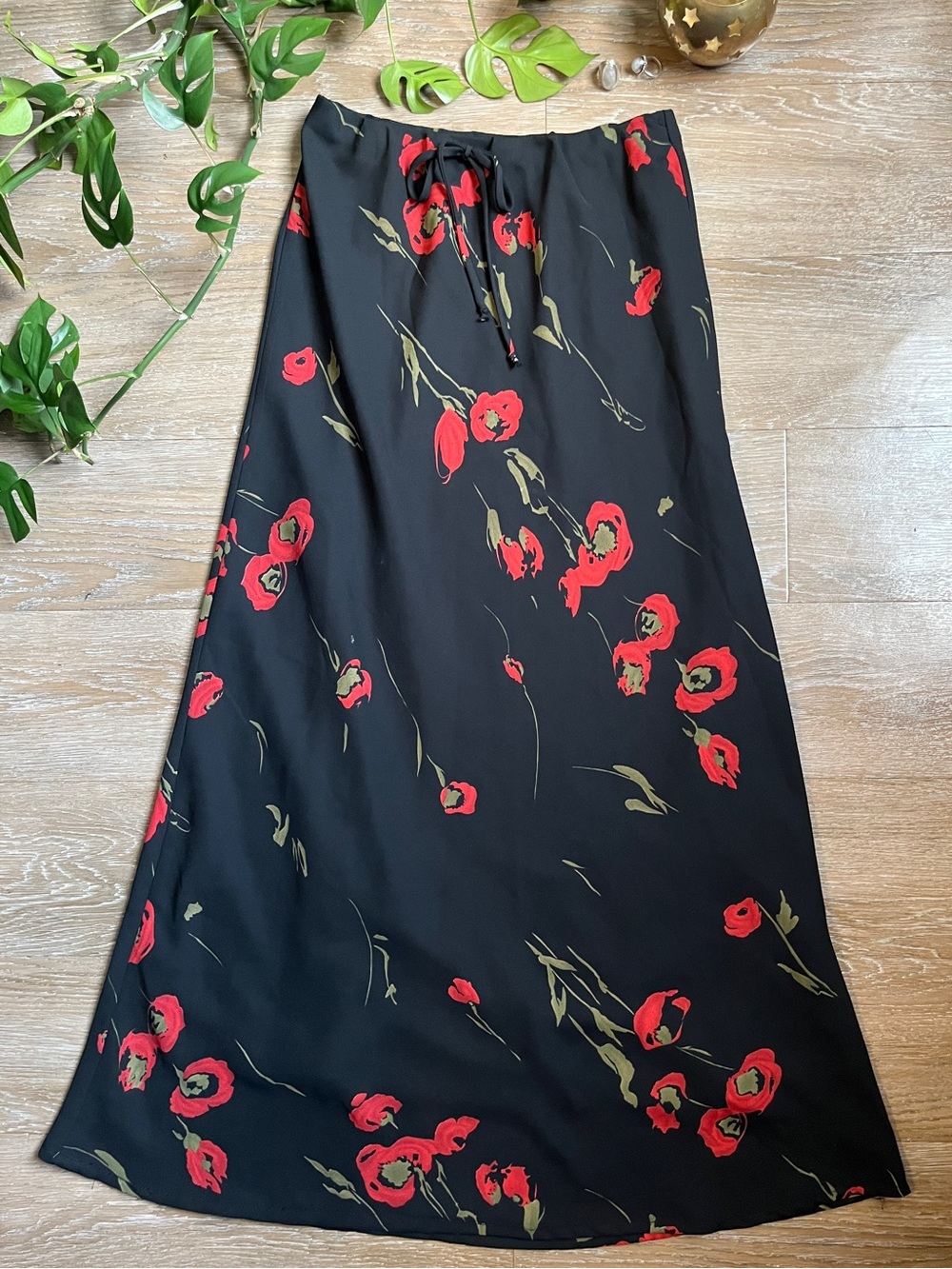 Vintage Black Maxi Skirt with Red Floral Print